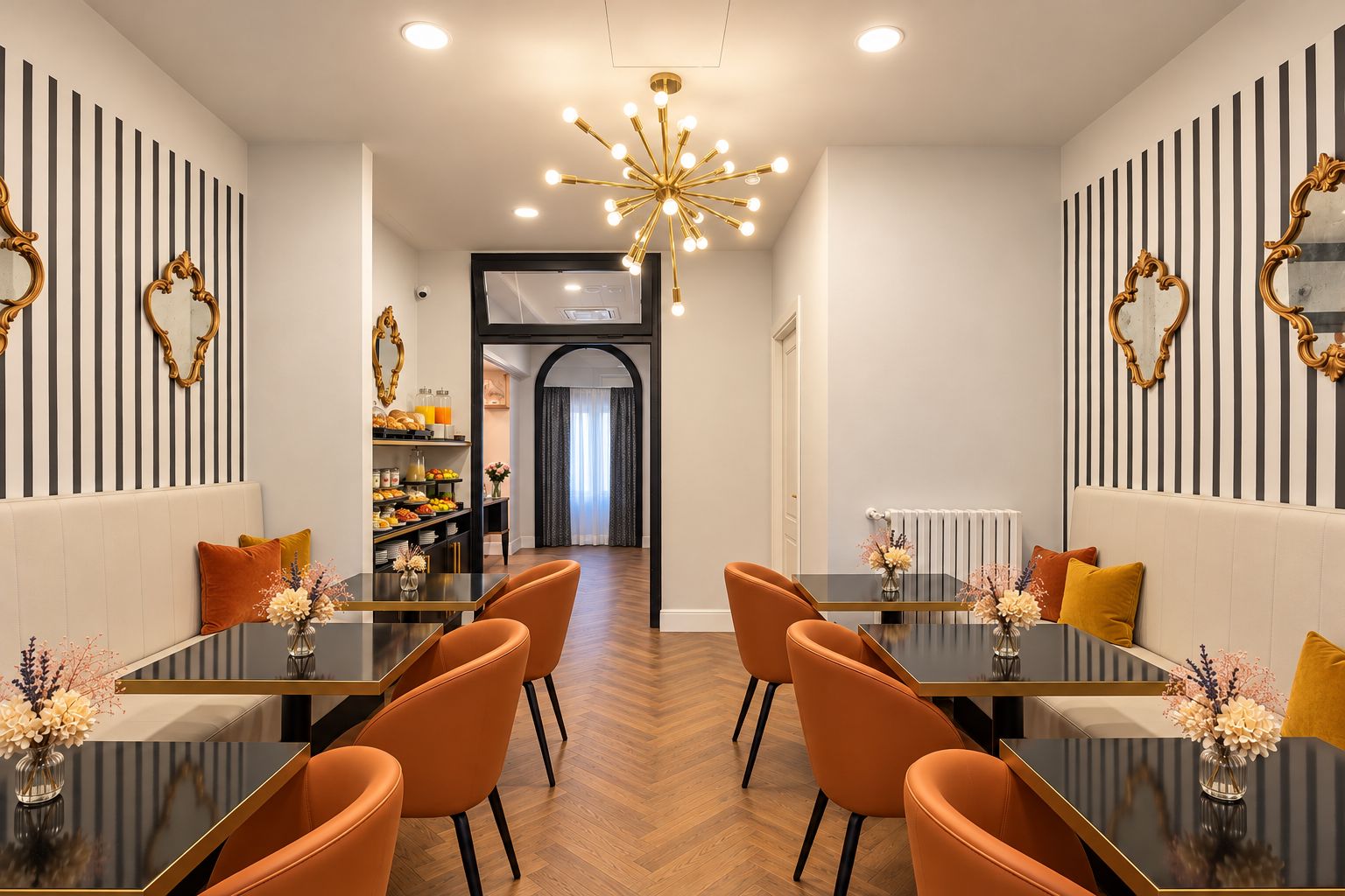 Sala colazioni con righe bianche e nere e specchi decorati