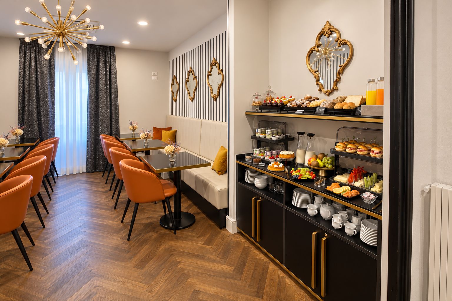 Sala colazioni del 31.10 Art Hotel con carta da parati a righe e specchi decorati